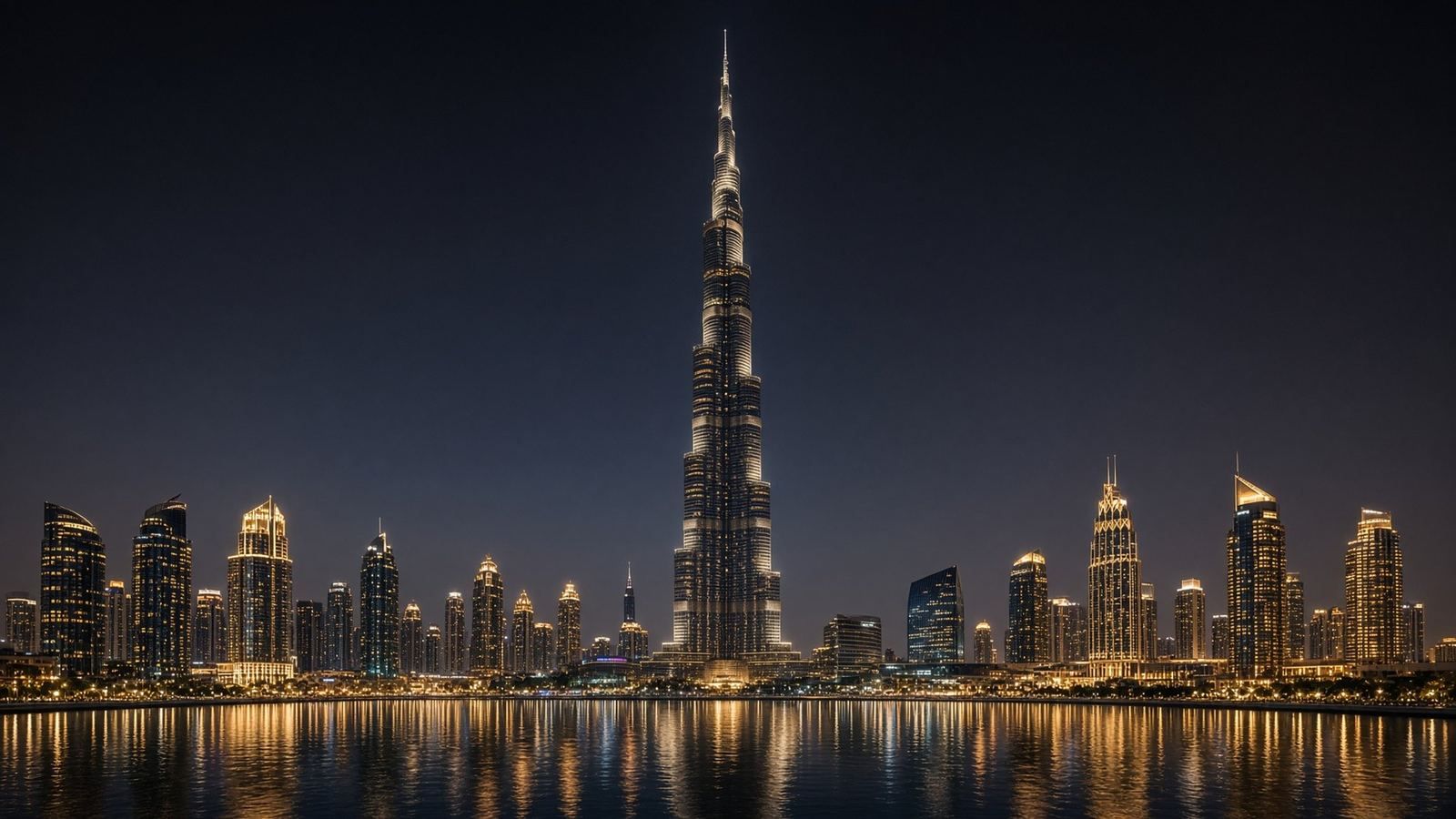 Burj Khalifa from base to tip, Downtown Dubai at dusk